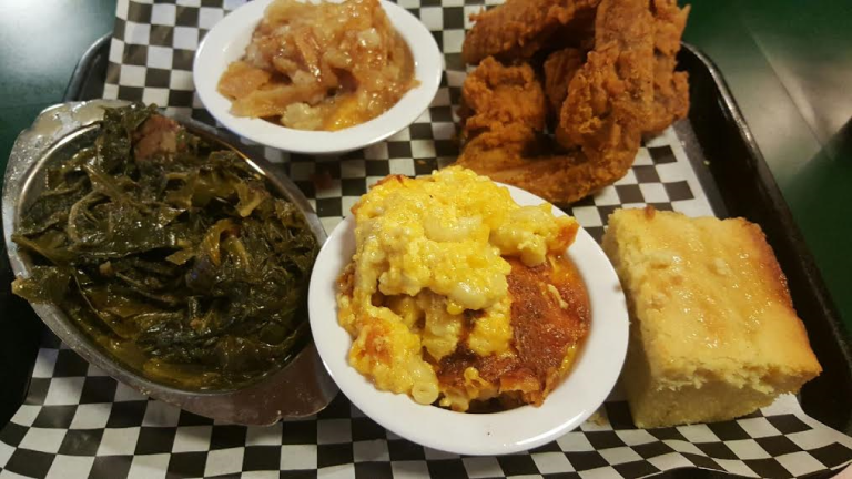 Sweetie Pies Fried Chicken, Greens, Macaroni and Cheese, Cornbread and Peach Cobbler.png